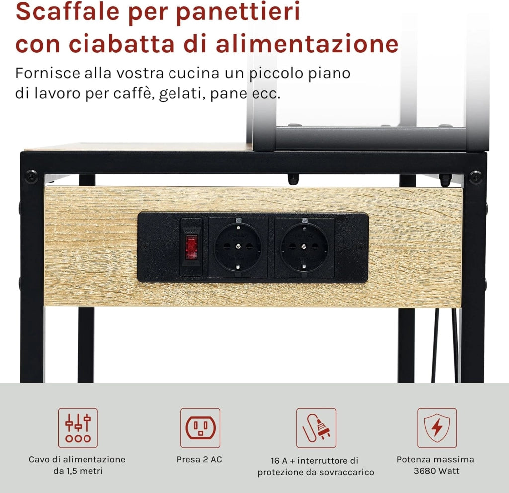 Scaffale da Cucina a 6 Livelli con Prese di Corrente, Scaffale per Microonde con Struttura in Metallo e Piano di Lavoro Aperto, Nero+Rovere Chiaro, 60x39,5x167cm