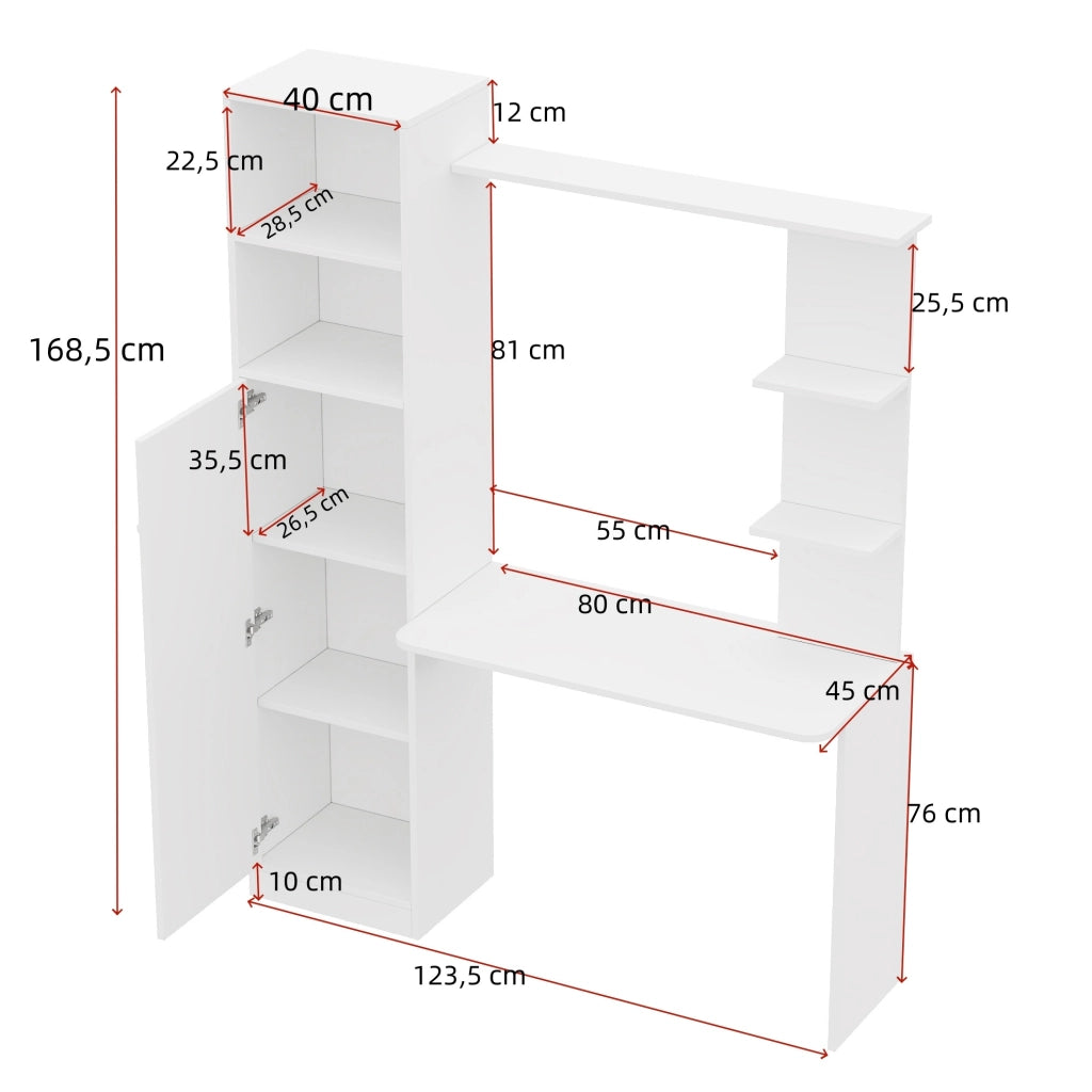 Scrivania 123.5x45x168.5 cm con armadietto e scaffali in MDF bianco