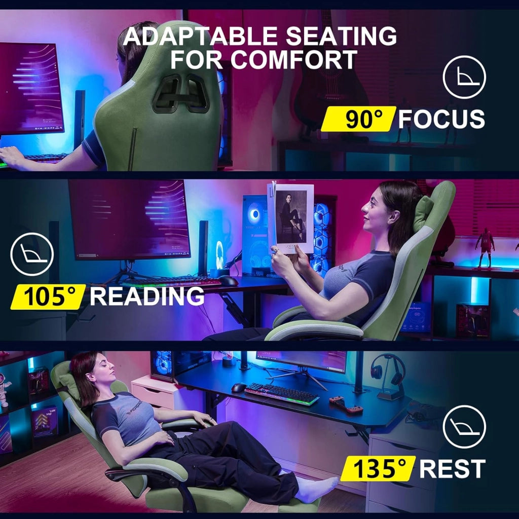 Sedia da gaming, ergonomica, da scrivania, con superficie in tessuto, cuscino a molla, braccioli di collegamento e poggiapiedi, Verde