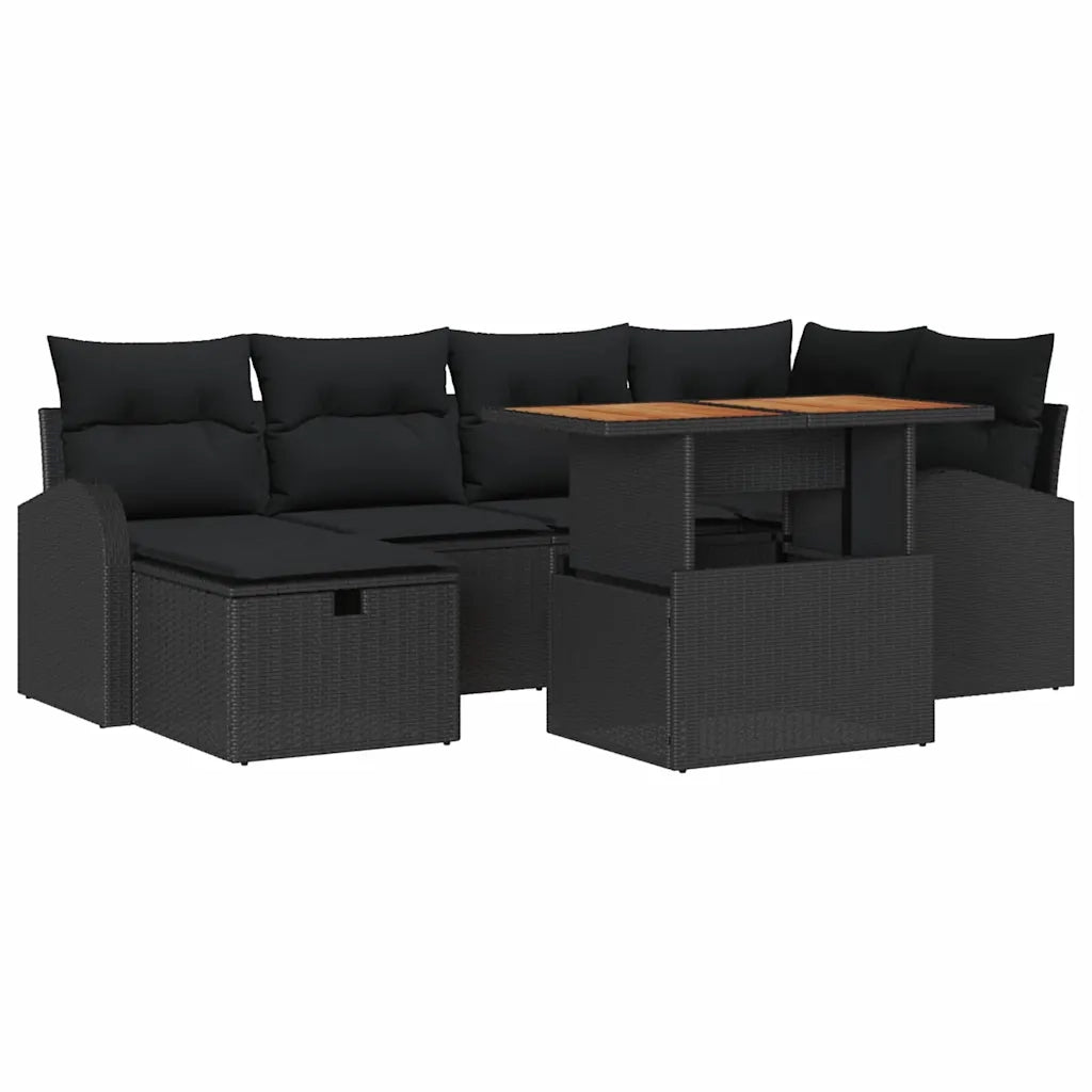 Set Divano da Giardino con cuscino 7 pcs Nero polyrattan