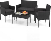 Salotto da Giardino Esterno 4 Pezzi, Set da Esterno in Rattan con Tavolino con Piano in Vetro, Divano 2 Posti e 2 Poltrone, Set da Conversazione con Cuscini per Patio, Balcone e Terrazzo (Nero)