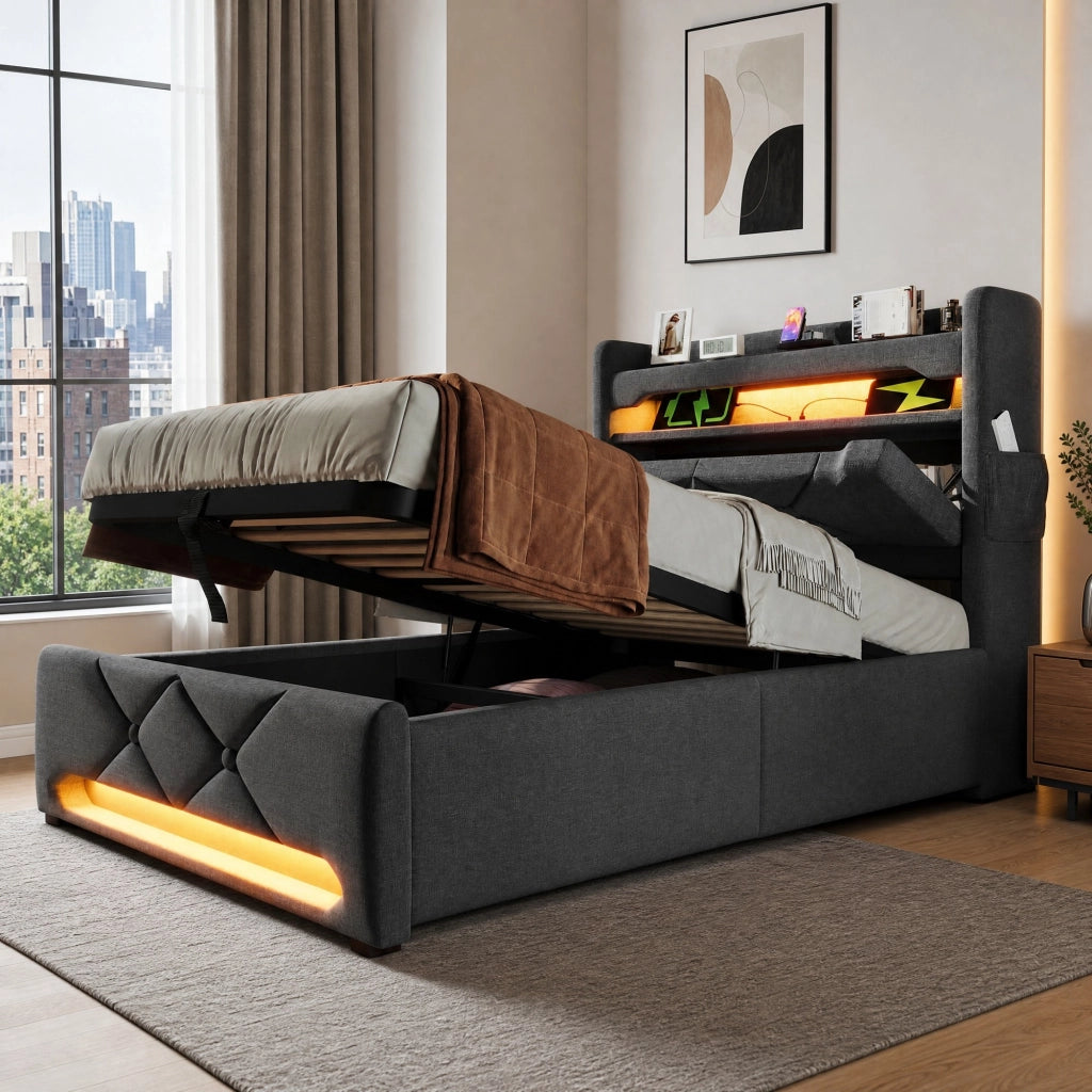 LETTO Singolo 90x200 cm con LED e ricarica, Grigio, Lino