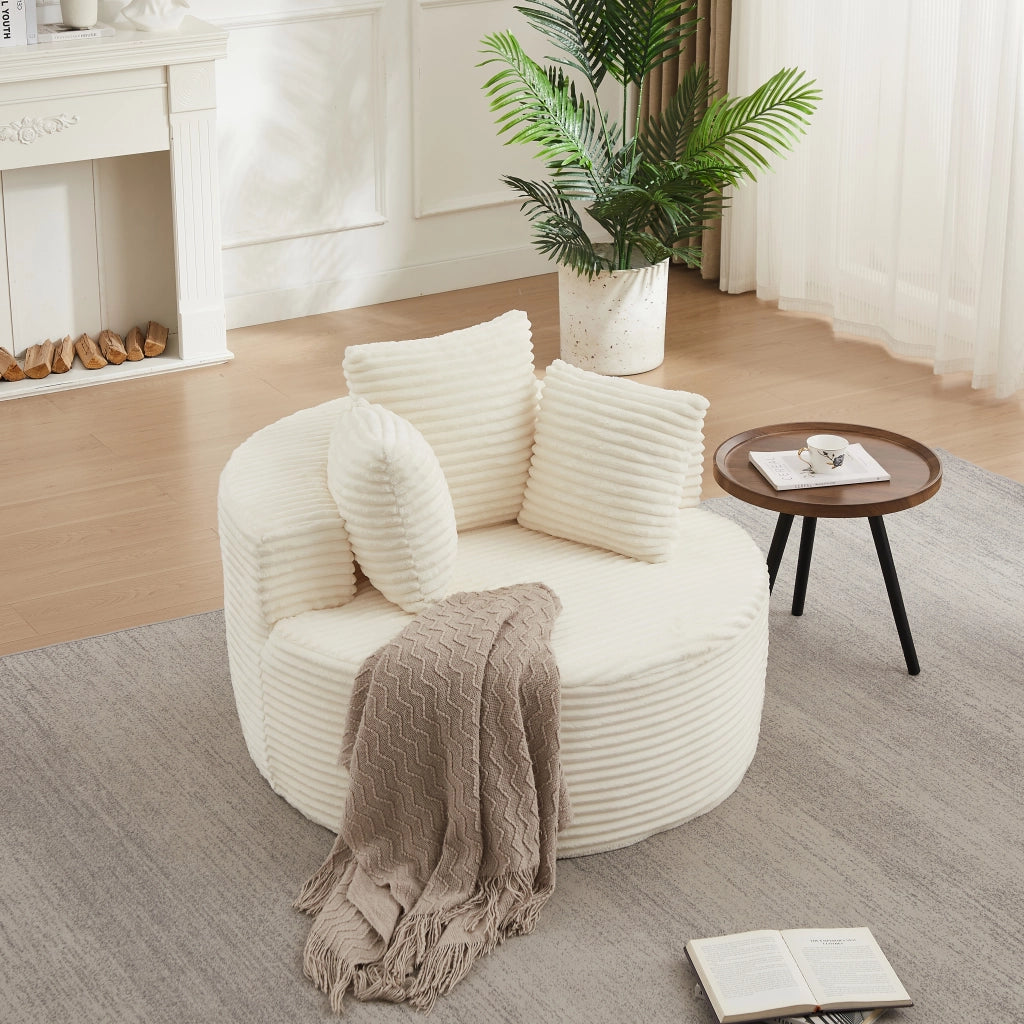 POLTRONA tonda 110 cm in velluto a coste beige con 3 cuscini