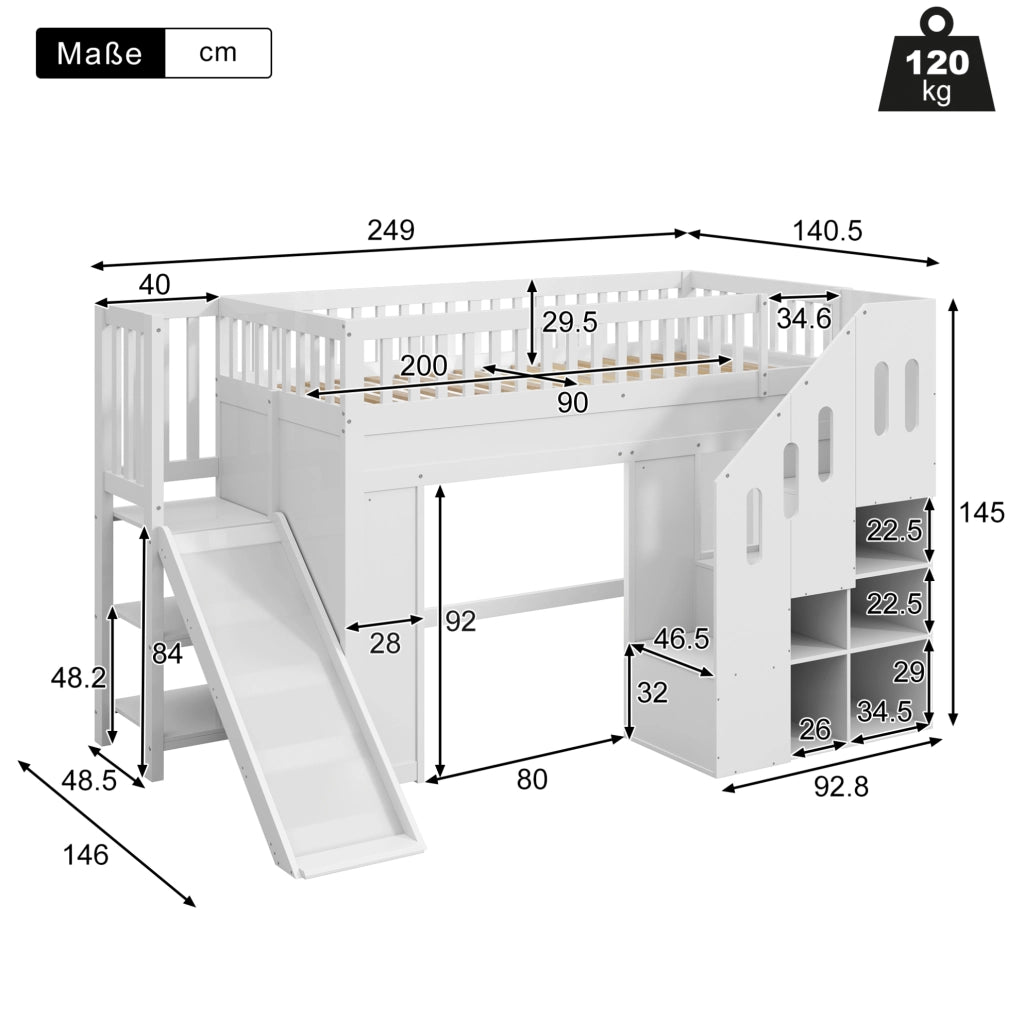 Letto a soppalco per bambini 90x200 cm con scivolo; scala contenitore e LED; in pino bianco