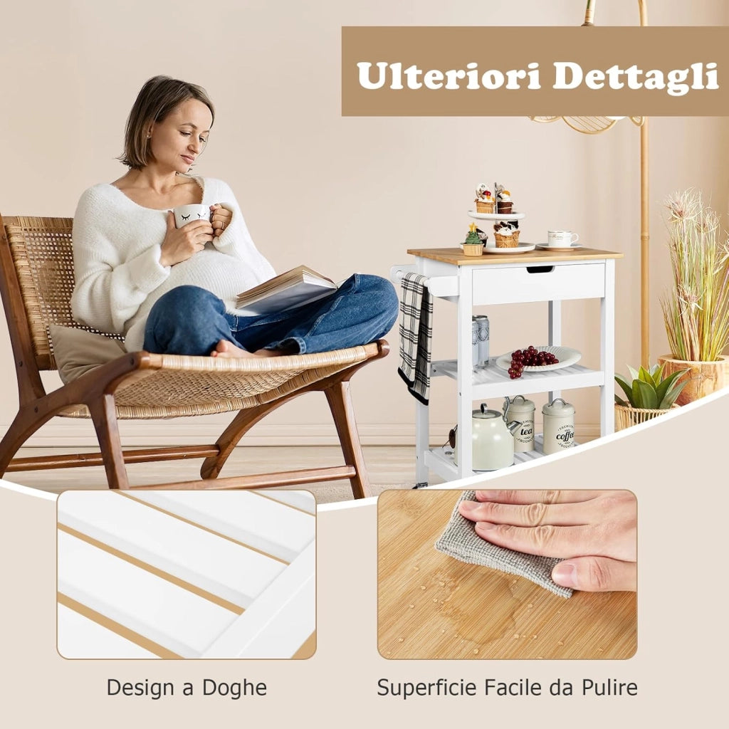 Carrello da Cucina con Ruote e Cassetto, Carrello Portaoggetti in Bambù con 2 Ripiani Aperti e Impugnatura, Carrello Bar da Cucina Sala da Pranzo Soggiorno (Bianco)