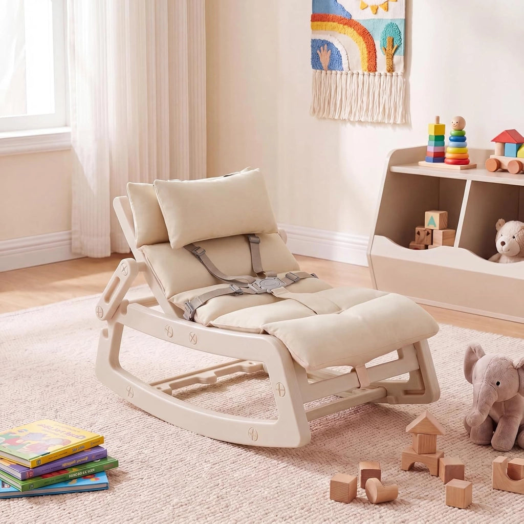 Sedia a Dondolo Bambini, Schienale Regolabile, con Cucino (Beige) | Sdraietta a Dondolo, Poggiatesta Rimovibile e Cintura 5 Punti, Portata 80 kg, per Bambini 6+ Mesi
