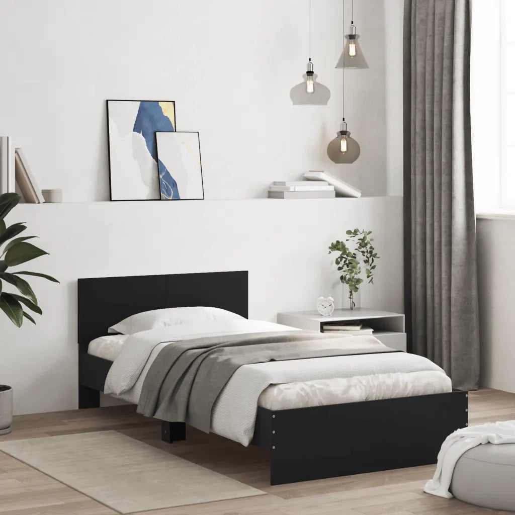 Letto singolo | Letto per adulti | Giroletto con Testiera Nero 100x200 cm in Legno Multistrato