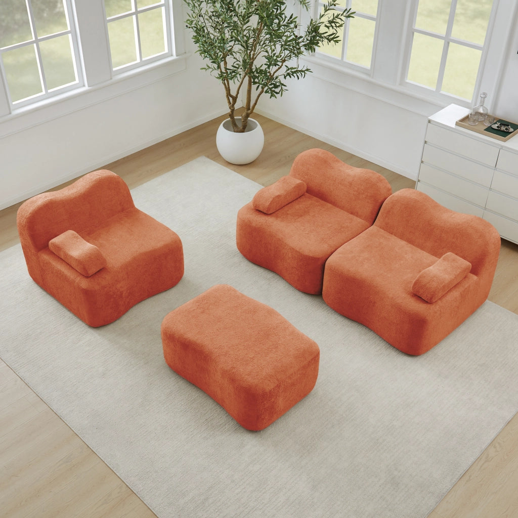 Divano Angolare Modulare 3 Posti con Ottoman ¨C MINIMAL ¨C Tessuto Arancione, Cuscini, Braccioli