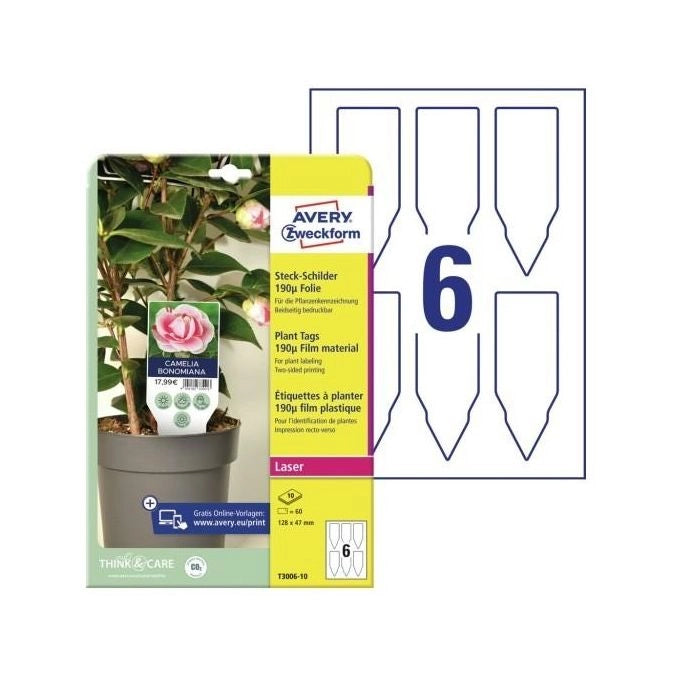Avery T3006-10 Cartellini per Piante in Poliestere 190µ 128x47 mm 60 pezzi colore Bianco
