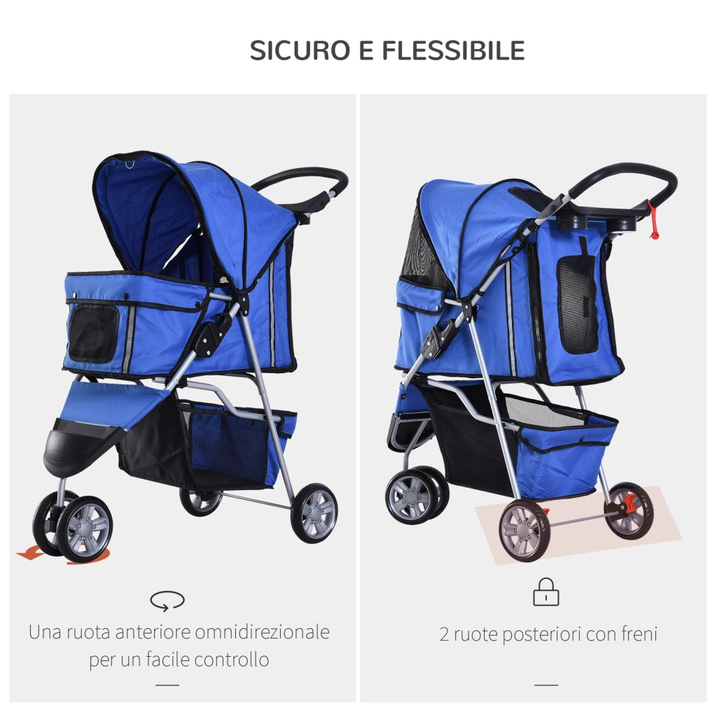 EasyComfort Passeggino per Cani Piccoli Pieghevole, Carrozzina per Cani con Ruote con Freni, Portabicchieri, Cestino Portaoggetti e Imbottitura Rimovibile e Lavabile, per Animali Domestici 10 kg, Blu