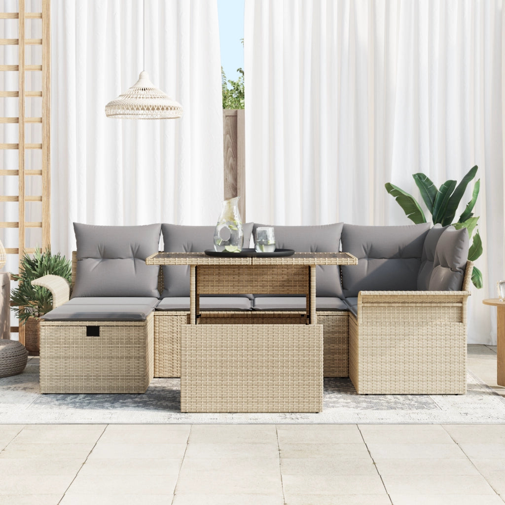 Set Divano da Giardino 7 Pezzi con Cuscini Beige Polyrattan