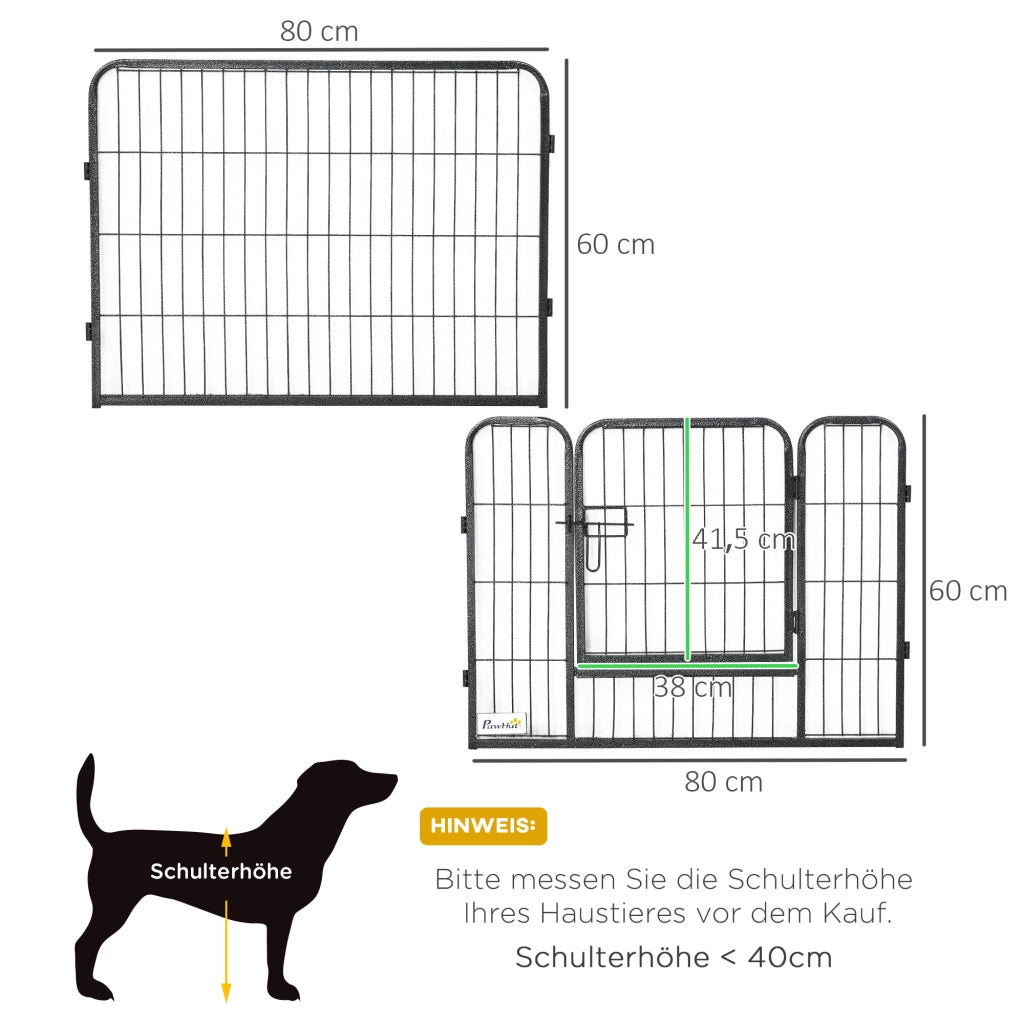 Area giochi modulare con 12 pannelli e porta pieghevole per cani in acciaio nero per interni ed esterni 80 × 60 cm