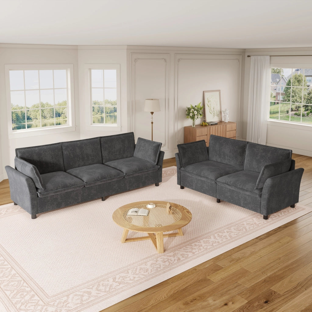 Divano modulare 3 e 2 posti con seduta ampia e braccioli ergonomici per soggiorno e lounge in chenille grigio