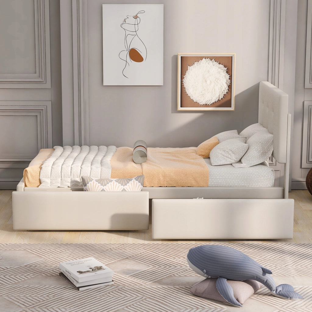 Letto 90x200 cm - Xylo - Testiera imbottita 2 cassetti velluto beige