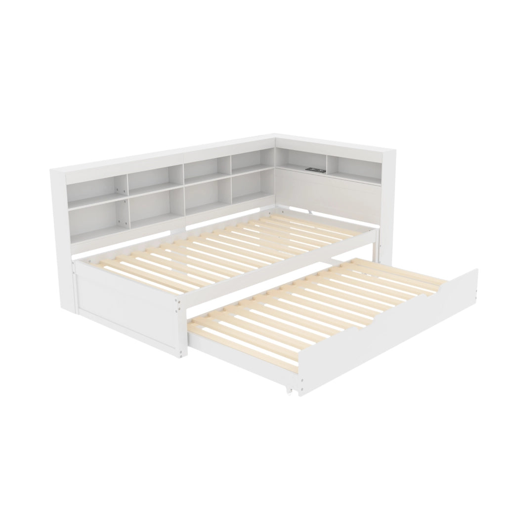 Letto estraibile singolo 90×200 cm con USB e vani portaoggetti; senza materasso; legno; bianco