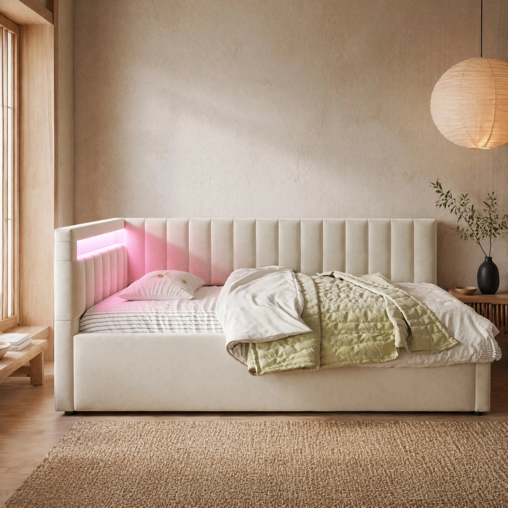 Letto singolo imbottito 90x200 cm con LED e vano contenitore beige