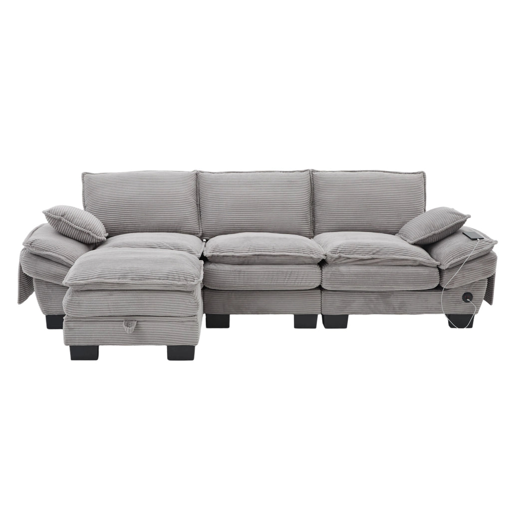 Divano modulare 3 posti con pouf; in tessuto effetto corda grigio chiaro; 260x132x84 cm