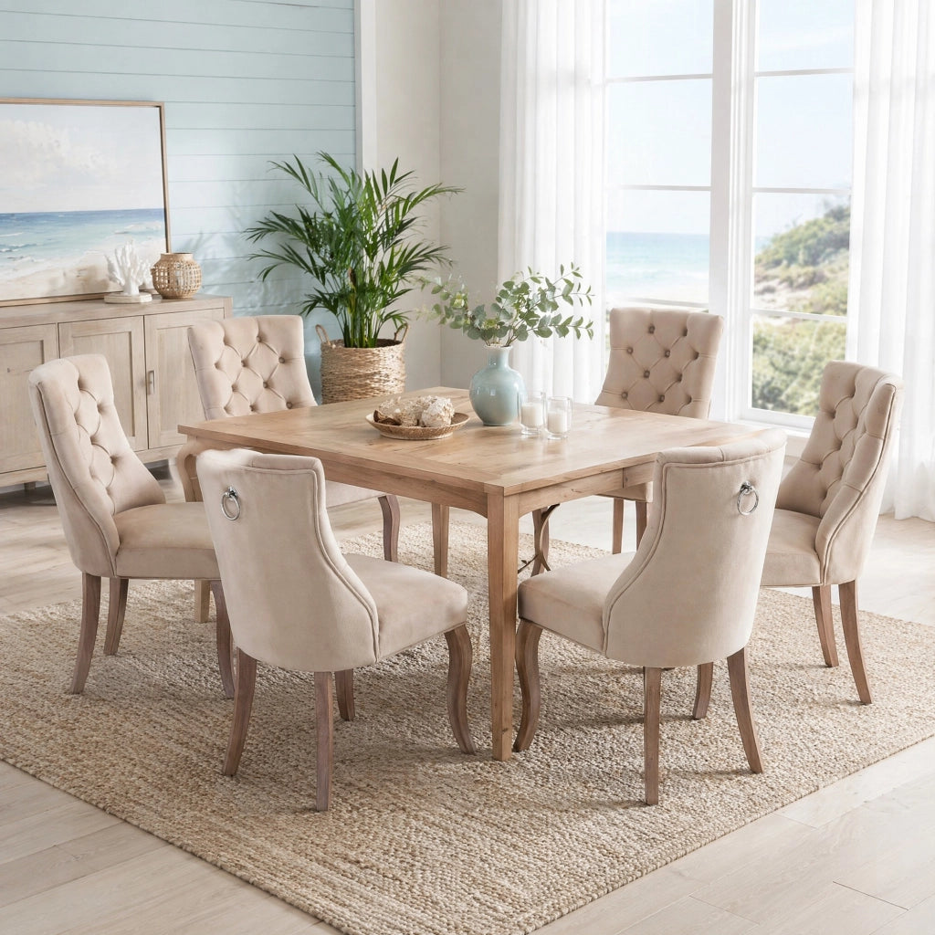SEDIA da pranzo in velluto beige, schienale alto, set da 6 pezzi