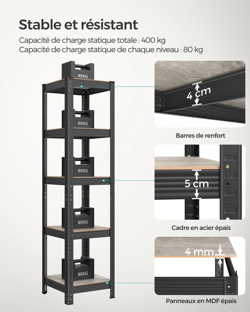 Scaffale a 5 ripiani per carichi pesanti 150 x 37 x 37 cm capacità di carico 400 kg (80 kg/ripiano) stile industriale ripiani regolabili per soggiorno/cucina nero 12_0005568
