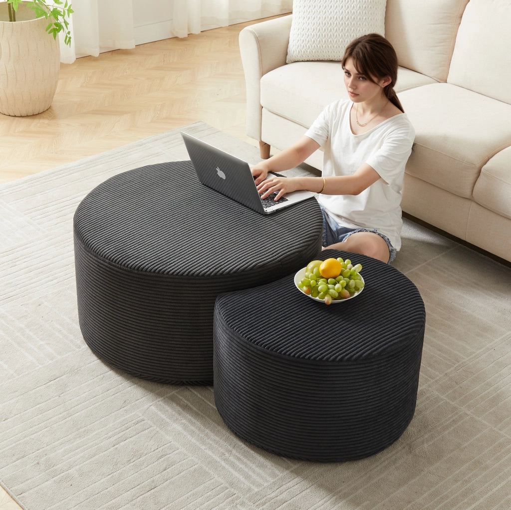 Set di 2 tavolini pouf rotondi in tessuto nero