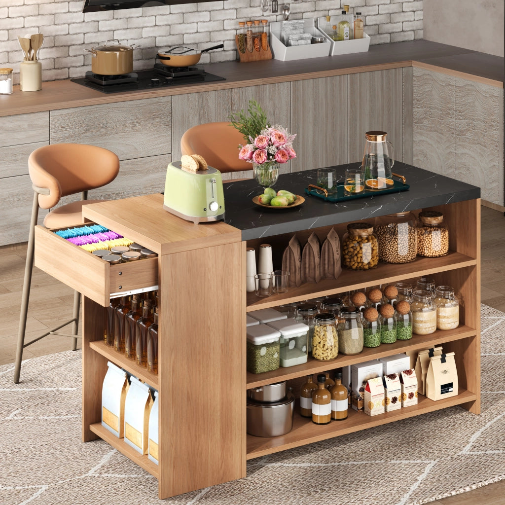 Isola cucina con bancone, 5 livelli di spazio, cassetto nascosto, effetto marmo nero e rovere, 140x60x90 cm