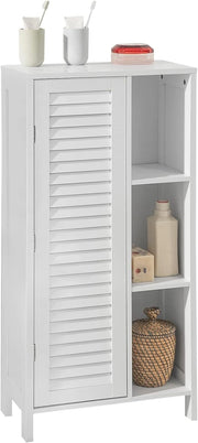Mobiletto da Bagno – Armadio da Bagno Stretto con Porta Lamellata e 3 Ripiani Aperti, Mobile Salvaspazio, Resistente all'Umidità, Colonna per Cucina e Soggiorno, Bianco, 48x96x24cm, BZR39-W