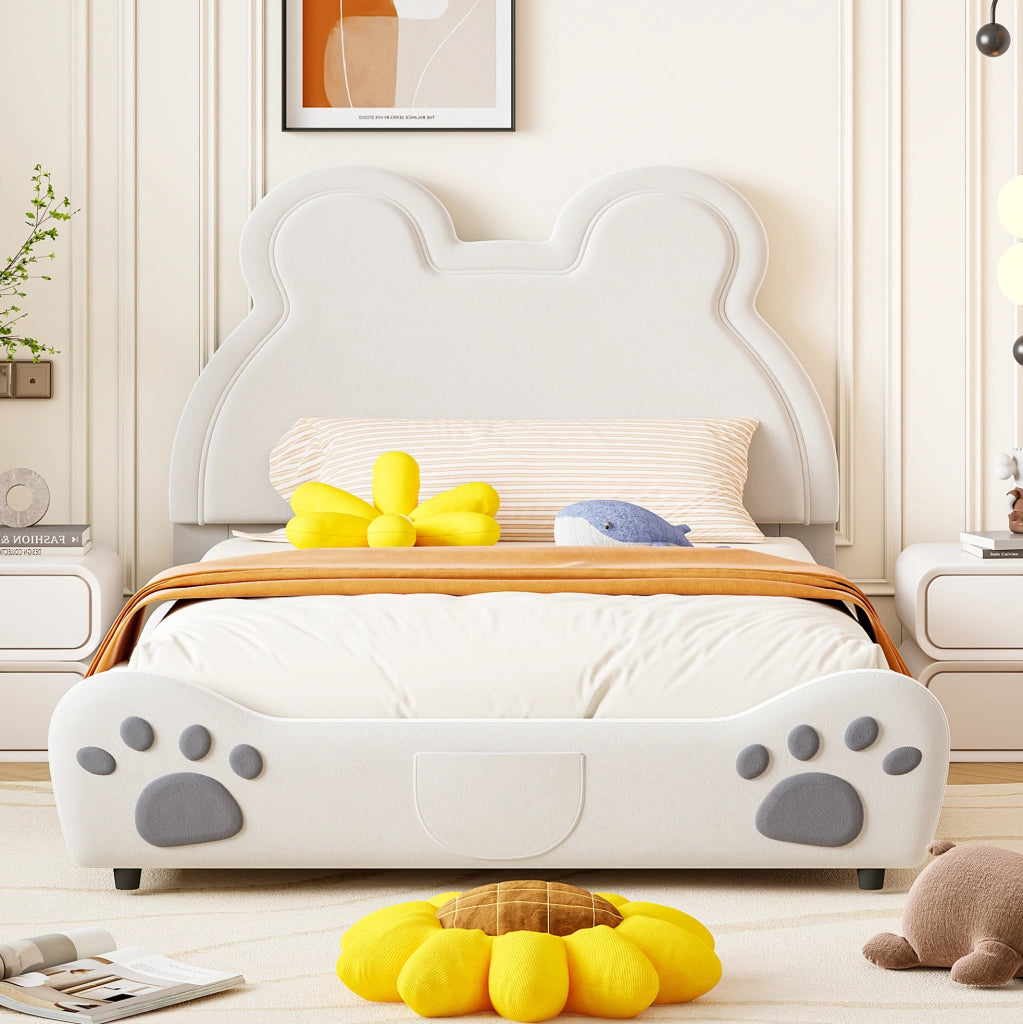 Letto imbottito per bambini a forma di orso, 140x200 cm, bianco