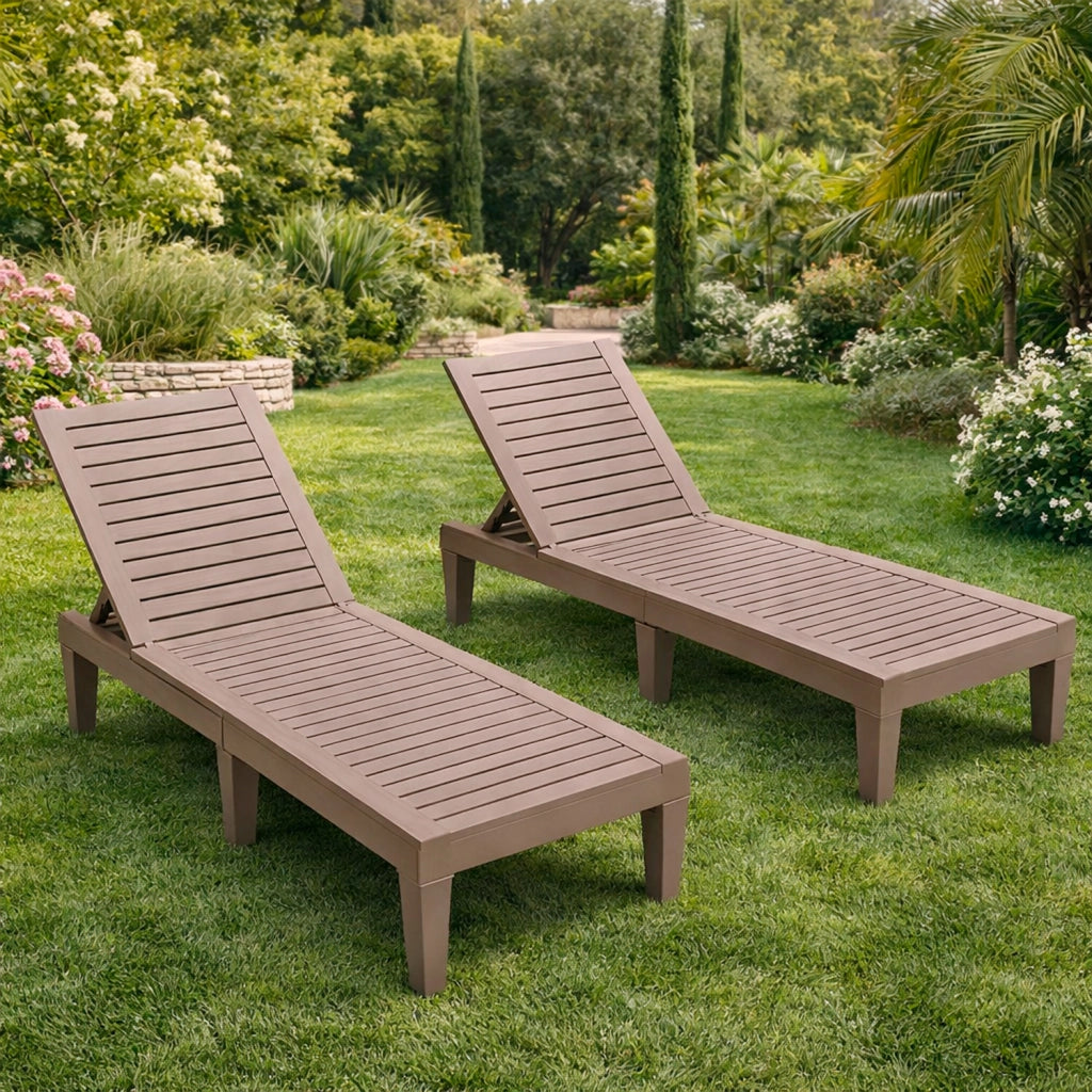 Set 2 Lettini Prendisole Con Schienale Reclinabile 5 Posizioni In Polipropilene Effetto Legno Per Piscina Giardino Spa 190 x 57.5 x 29 Cm Marrone