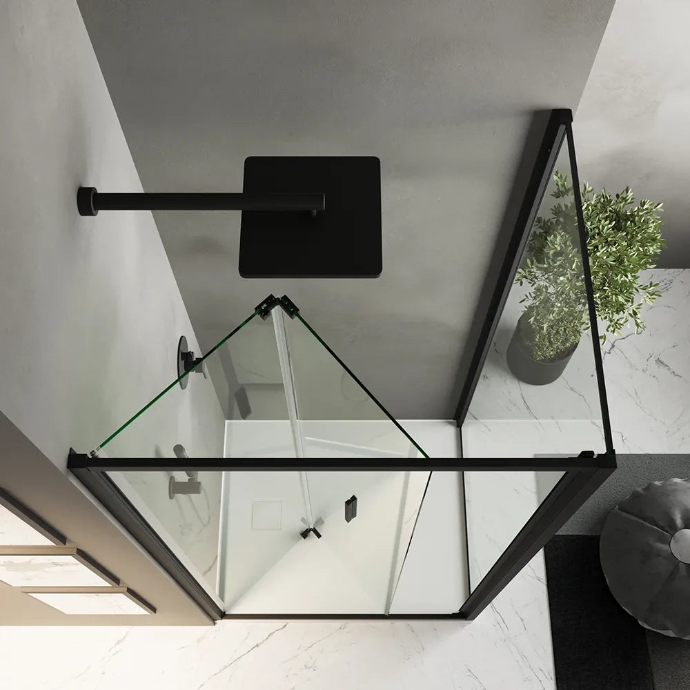 Box doccia slim 90x90cm con porta a libro e parete fissa profili nero opaco e vetro 6mm trasparente h190| Portofino