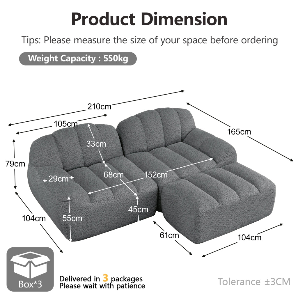Divano angolare modulare senza struttura con pouf e seduta ampia in pile granulato grigio 210 × 165 × 79 cm