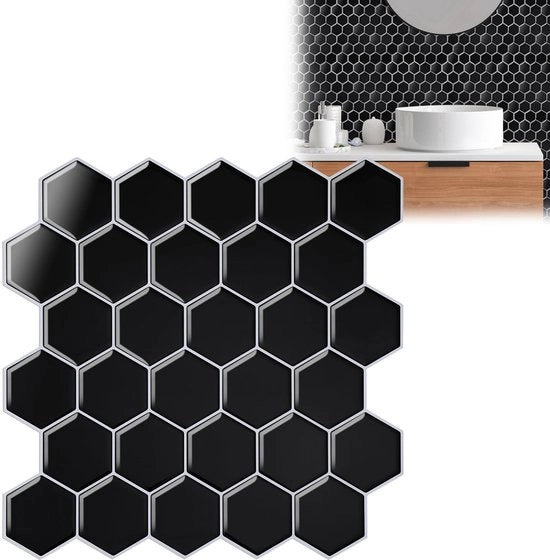 Tegoli decorativi autoadesivi a forma di esagono nero - Set decorativo da 10 pezzi