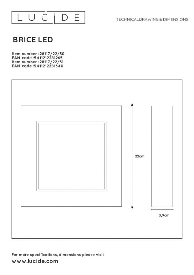 Plafoniera LED Lucide Brice quadrata 22cm 22W 3000K