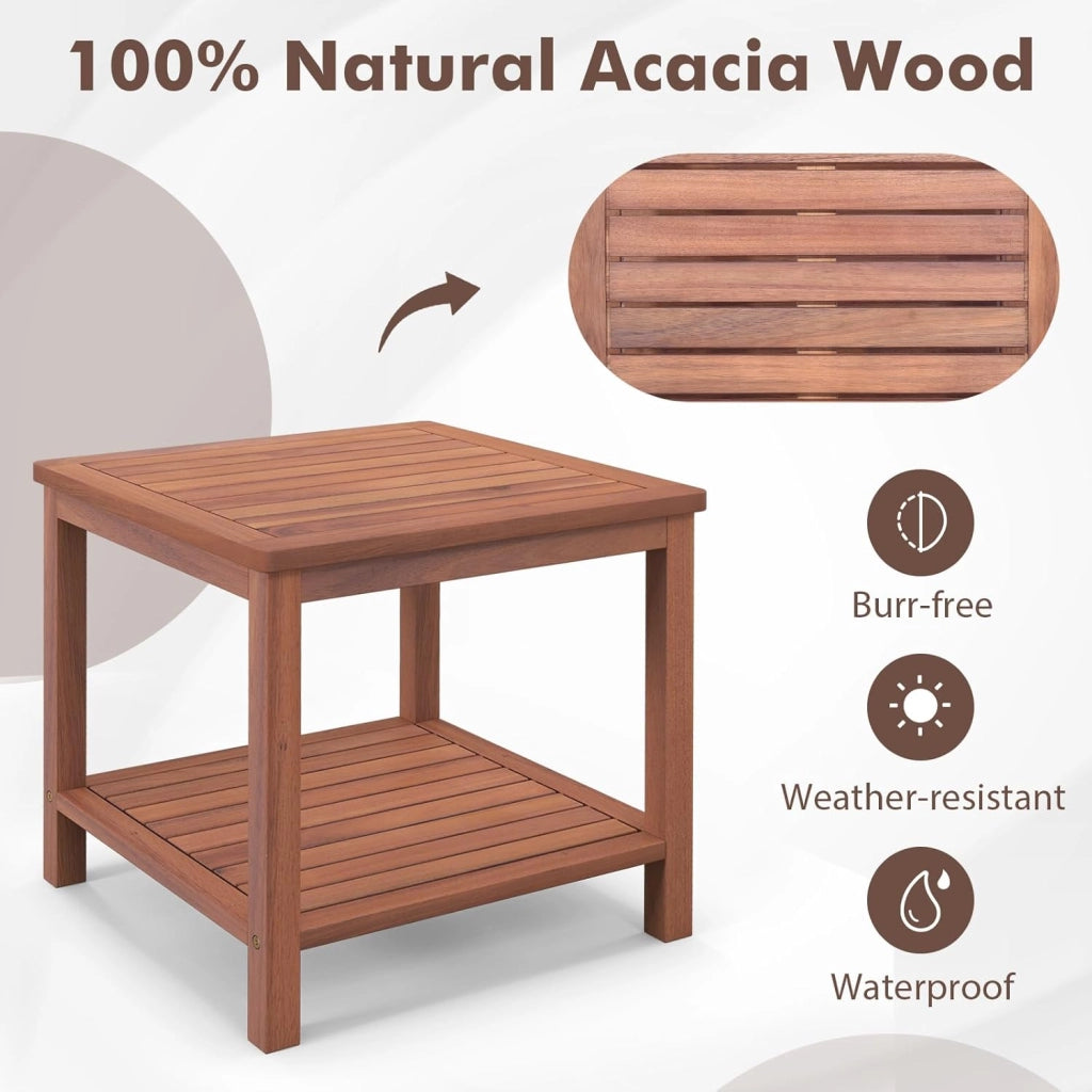 Tavolino ausiliario in legno di acacia per giardino, comodino rettangolare con ripiano aperto inferiore, 45 x 45 x 45 x 45 cm, motivo a lamelle, per soggiorno, terrazza, balcone