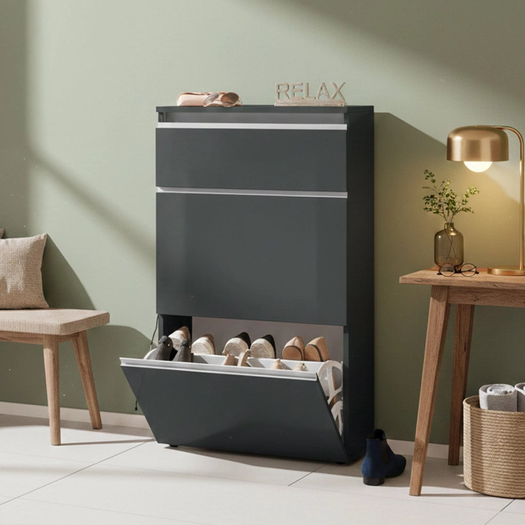 Mobile Portascarpe Alejandra, Scarpiera 12 Paia Made in Italy, 60x27x108h cm Nero Antracite Lucido
