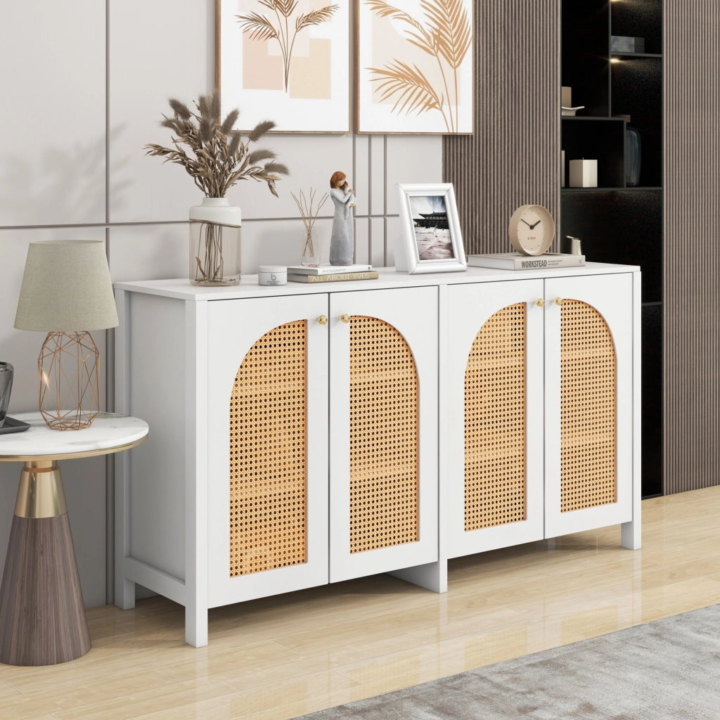 Sideboard a 4 ante; in MDF; truciolare e rattan sintetico; bianco