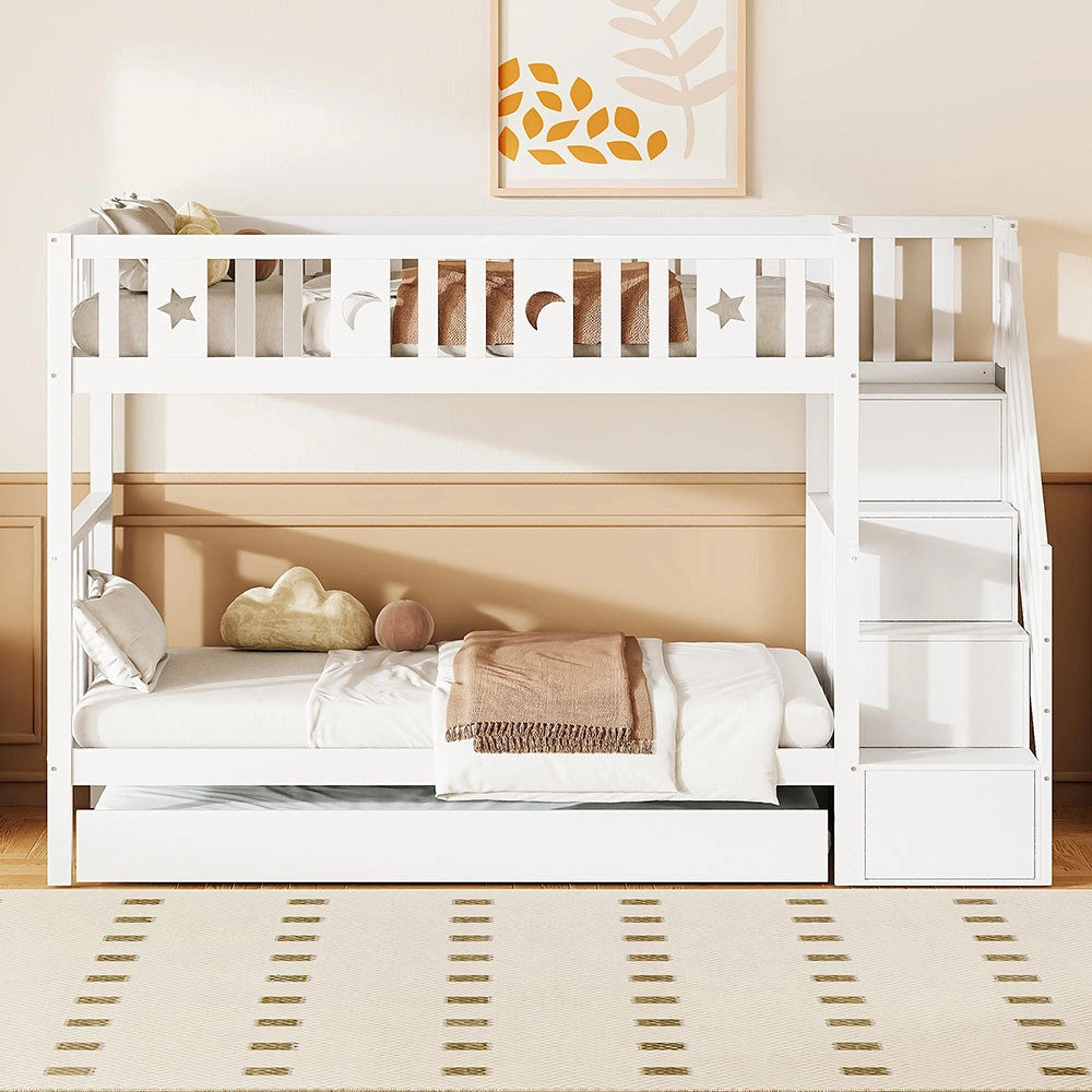 Letto a castello estraibile - Xylo - 90x190cm bianco, scala con ripiani