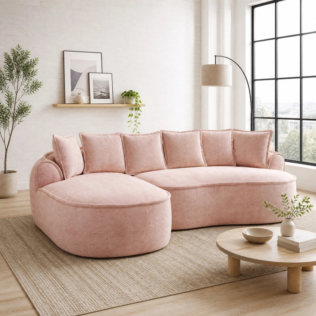 Divano modulare in ciniglia senza struttura con seduta profonda, chaise longue e braccioli larghi rosa 252 × 164 × 67 cm