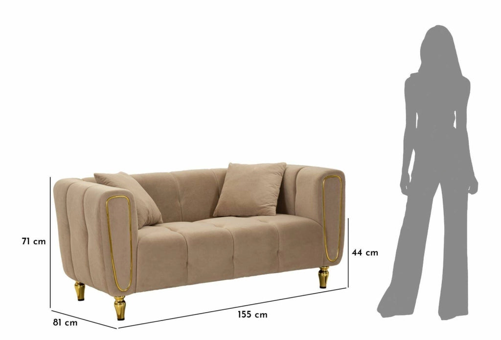 Divano fisso 2 posti Gandolfo, Sofà dritto, Divanetto per salotto, Poltrona matrimoniale, 81x155 h71 cm, Grigio e Oro