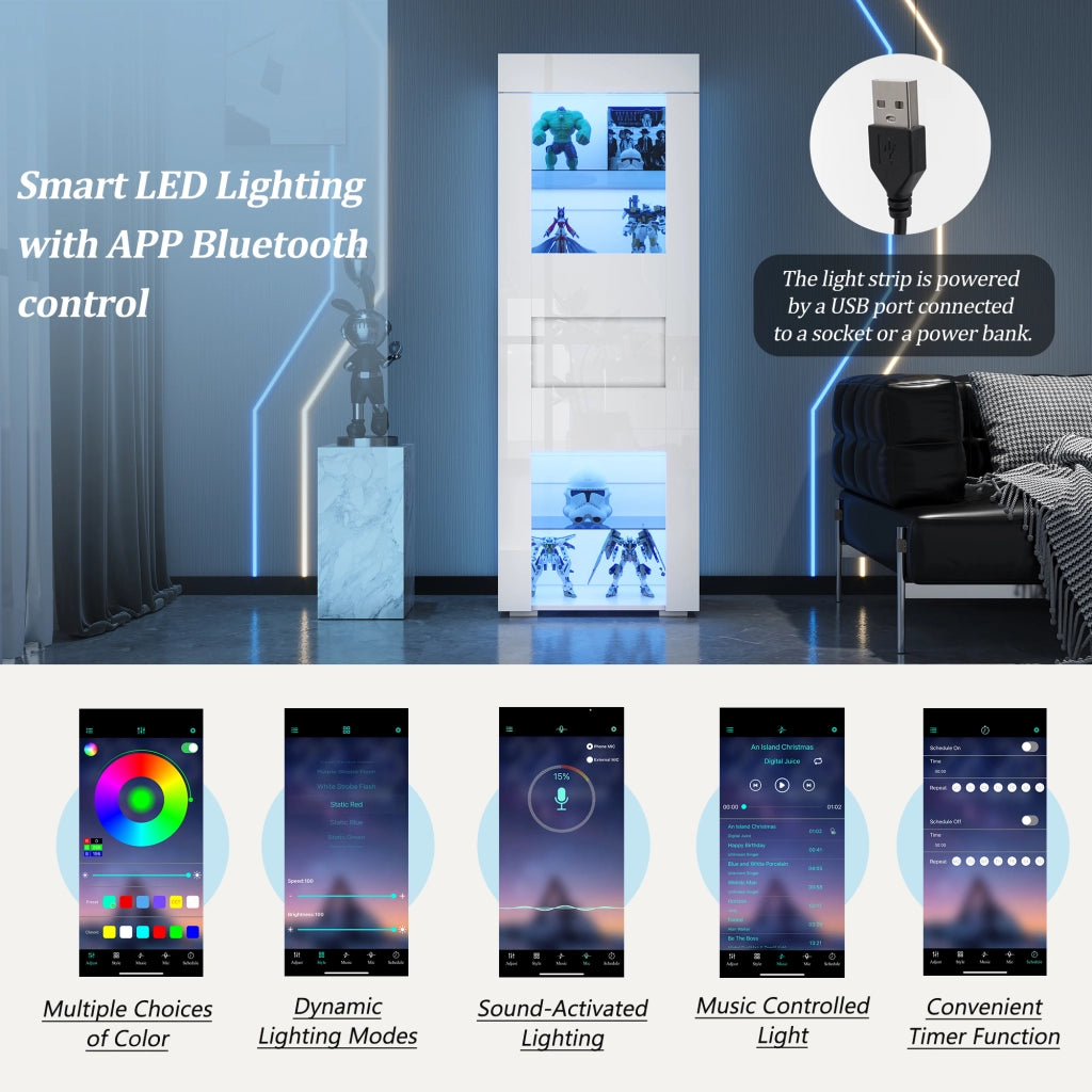Vetrina con 1 anta e 4 vani con LED; ripiani regolabili e frontale lucido; per soggiorno; 60×40×170 cm