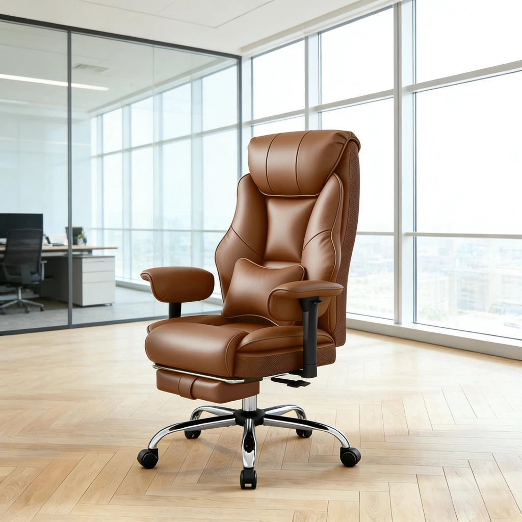 Sedia ufficio ergonomica regolabile in altezza, sedia girevole 360°, schienale reclinabile, colore marrone