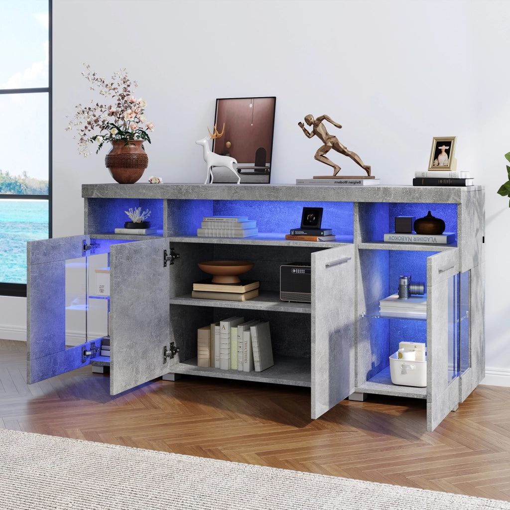 Credenza 140x40x70 cm con luce LED; vetro temperato e MDF grigio