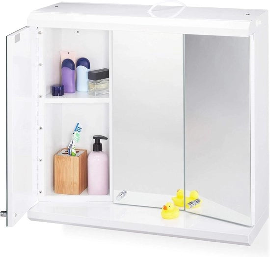Cassa porta bagno - 6 contenitori, presa di corrente, dimensioni 58x60x23 cm - bianco, specchiera LED con 3 porte