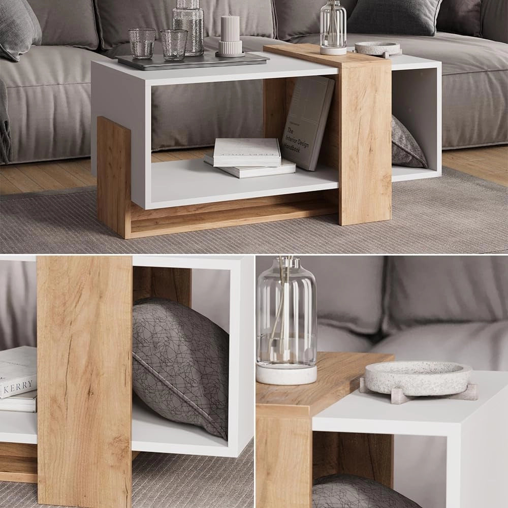 Tavolino Aven, Rovere bianco/dorato, 91.8 x 49 cm, con ripiano aperto per la conservazione di oggetti di uso quotidiano