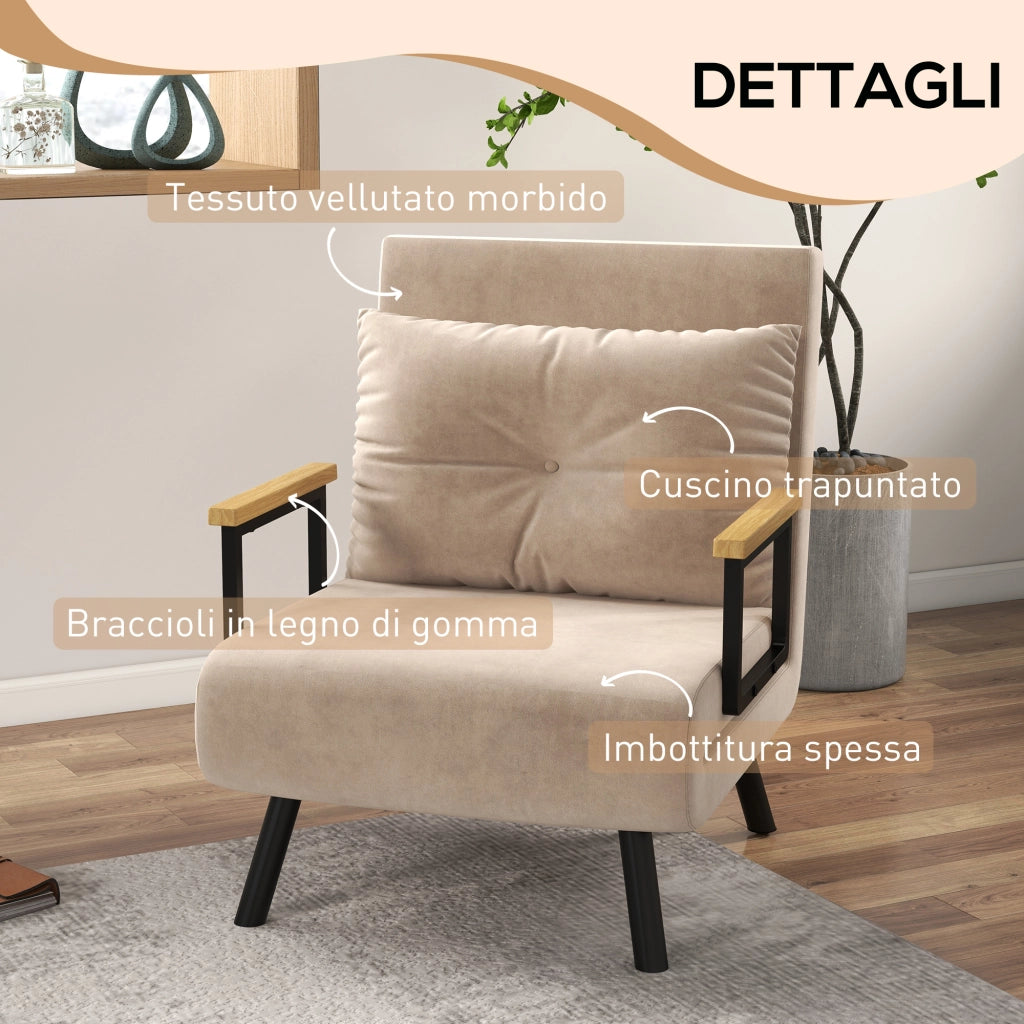 Poltrona Letto 3 in 1 con Schienale Reclinabile e Cuscino. in Tessuto Effetto Velluto. 63x73x81 cm. Beige