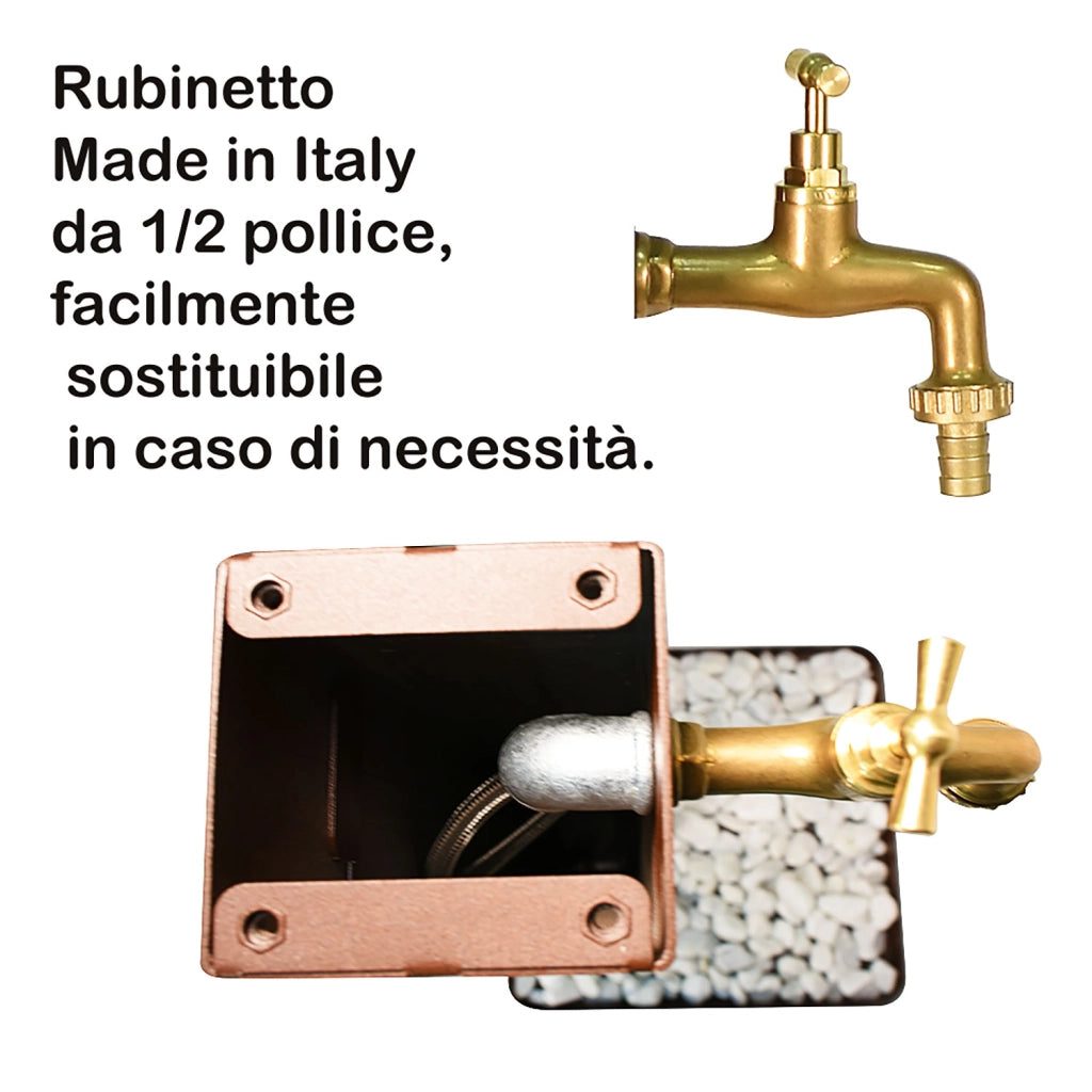 Fontana Decorativa da Esterno con Base in Cemento e Rubinetto in Ottone 45x45x97cm Effetto Corten