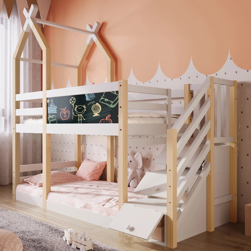 Letto a castello per bambini 90x200 cm con design baita, lavagna frontale e scale contenitore, bianco
