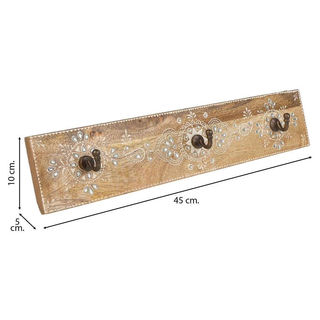 Portabito in legno con 3 ganci verniciato a mano marrone 48x5x10h