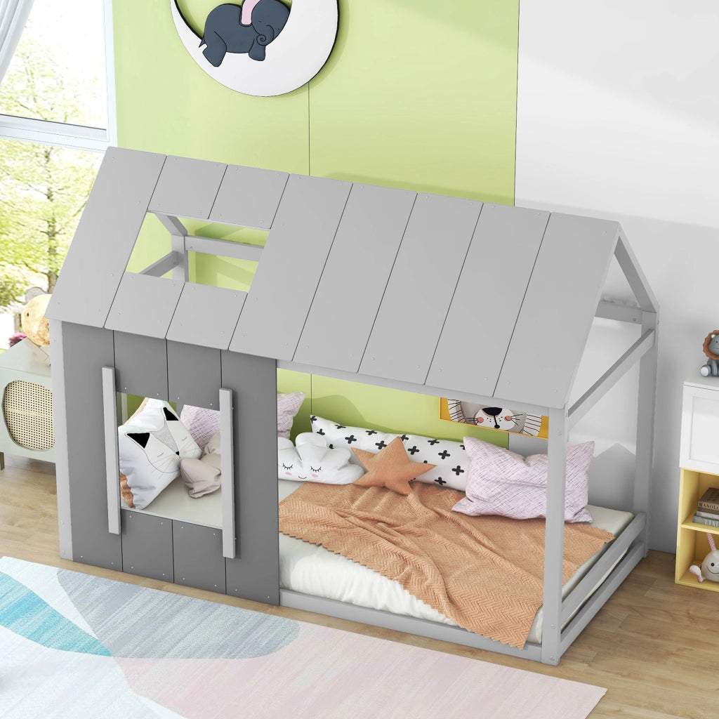 Letto a forma di casa grigio scuro e chiaro in pino 90x200 cm con tetto e finestra