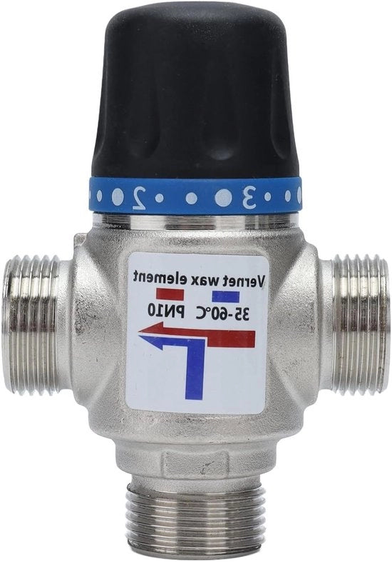 Valvola termoregolata con regolazione automatica della temperatura, prevenzione incendi e alta capacità di flusso in rame e ABS.