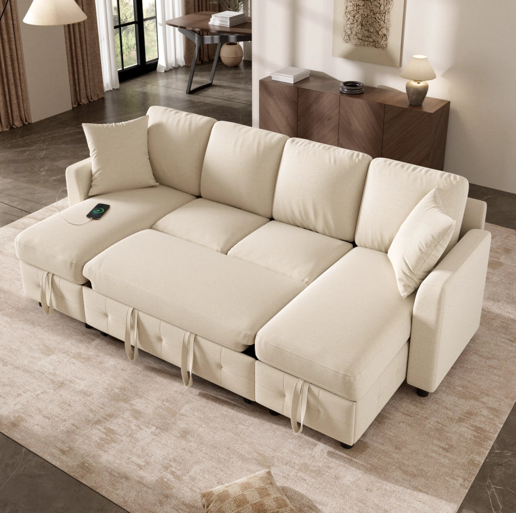 Divano letto a U ULEVR 260x128x82 cm estraibile con 2 chaise longue contenitore, USB e Type-C, beige